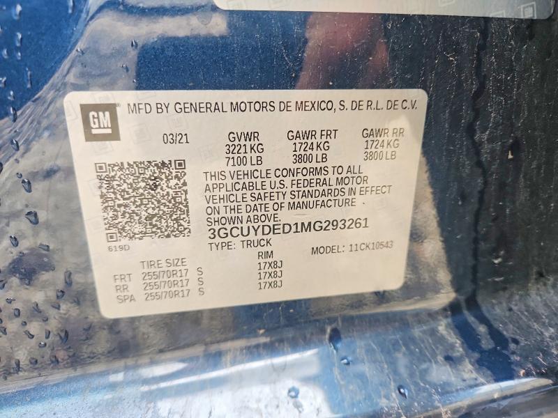 Aukcja sprzedaży 2021 Chevrolet Silverado, vin: 3GCUYDED1MG293261, numer aukcji: 53948116