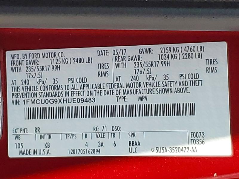 Продажа на аукционе авто 2017 Ford Escape, vin: 1FMCU0G9XHUE09483, номер лота: 54005466