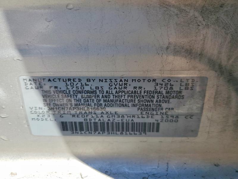 53591346 :رقم المزاد ، 3N1CN7AP3HL816639 vin ، 2017 Nissan Versa مزاد بيع