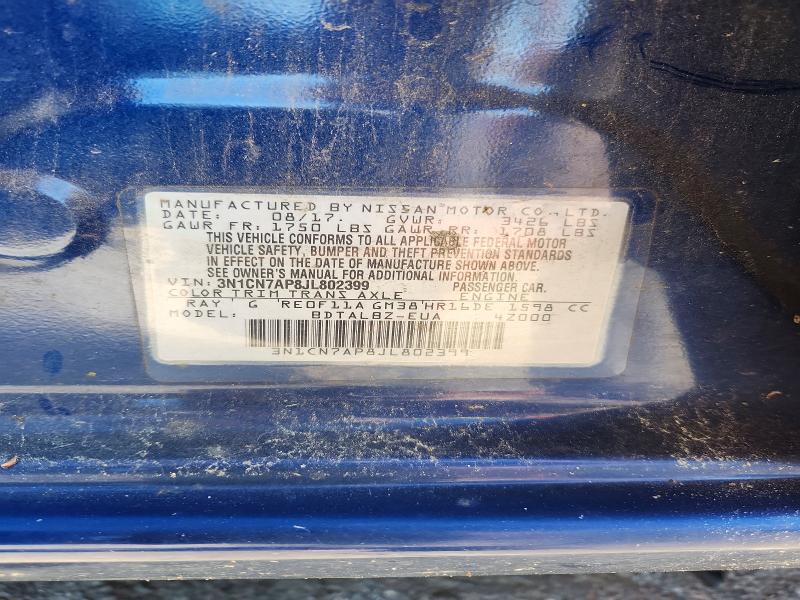 Продажа на аукционе авто 2018 Nissan Versa, vin: 3N1CN7AP8JL802399, номер лота: 53595416