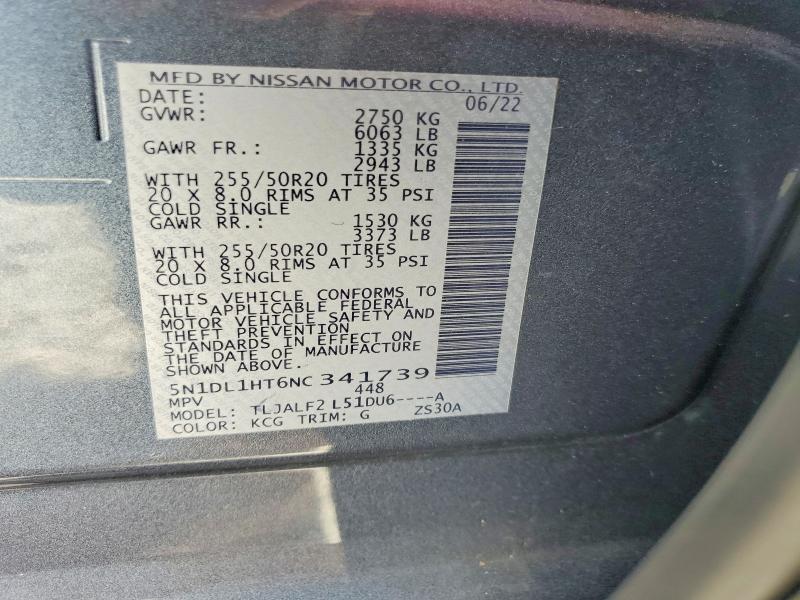 52894416 :رقم المزاد ، 5N1DL1HT6NC341739 vin ، 2022 Infiniti Qx60 مزاد بيع
