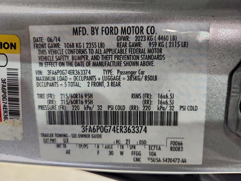 52302156 :رقم المزاد ، 3FA6P0G74ER363374 vin ، 2014 Ford Fusion مزاد بيع