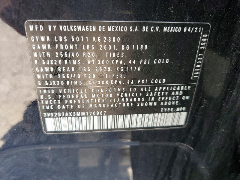 2021 Volkswagen Tiguan მანქანა იყიდება აუქციონზე, vin: 3VV2B7AX3MM120967, აუქციონის ნომერი: 55273236