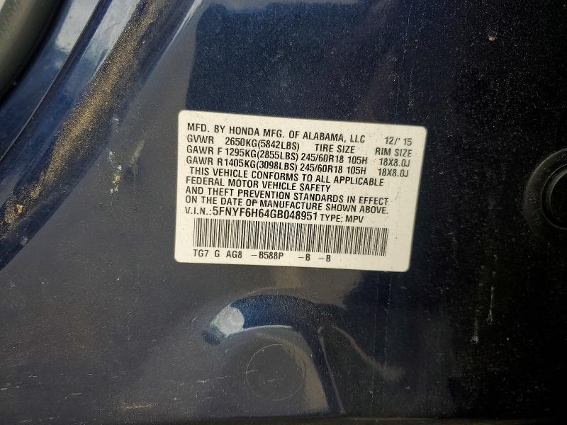 54401556 :رقم المزاد ، 5FNYF6H64GB048951 vin ، 2016 Honda Pilot مزاد بيع