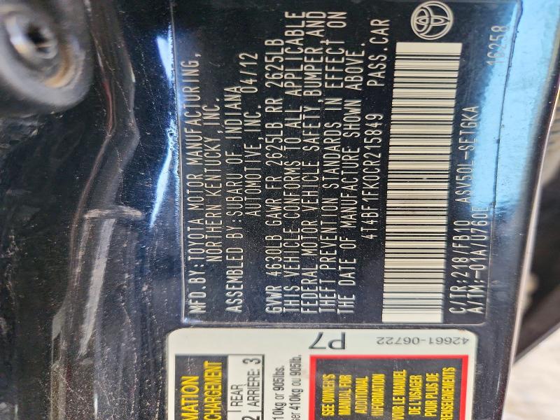 52869066 :رقم المزاد ، 4T4BF1FK0CR215849 vin ، 2012 Toyota Camry مزاد بيع