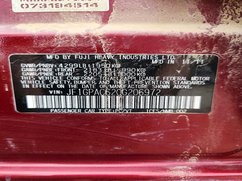 2012 Subaru Impreza მანქანა იყიდება აუქციონზე, vin: JF1GPAC62CG206972, აუქციონის ნომერი: 55116186