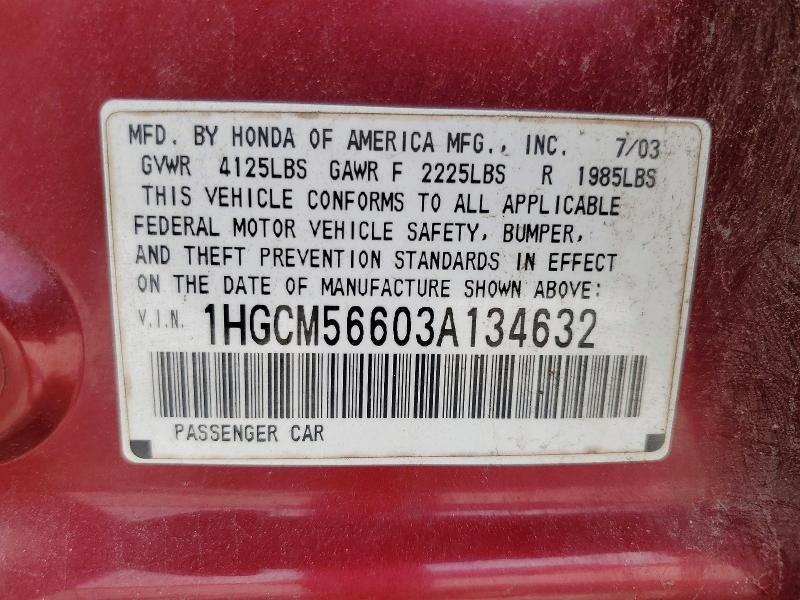 55050686 :رقم المزاد ، 1HGCM56603A134632 vin ، 2003 Honda Accord مزاد بيع