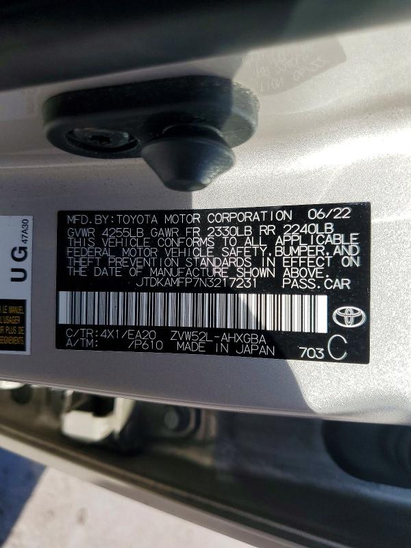 Продаж на аукціоні авто 2022 Toyota Prius Prime, vin: JTDKAMFP7N3217231, номер лоту: 54673776