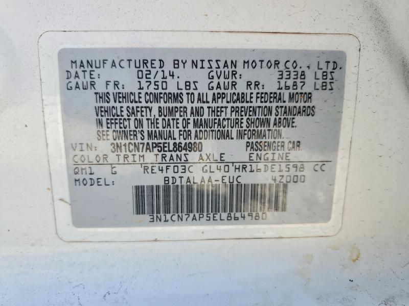 Продажа на аукционе авто 2014 Nissan Versa, vin: 3N1CN7AP5EL864980, номер лота: 52523826