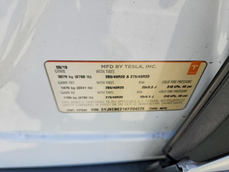 2019 Tesla Model X მანქანა იყიდება აუქციონზე, vin: 5YJXCBE21KF204225, აუქციონის ნომერი: 55037996