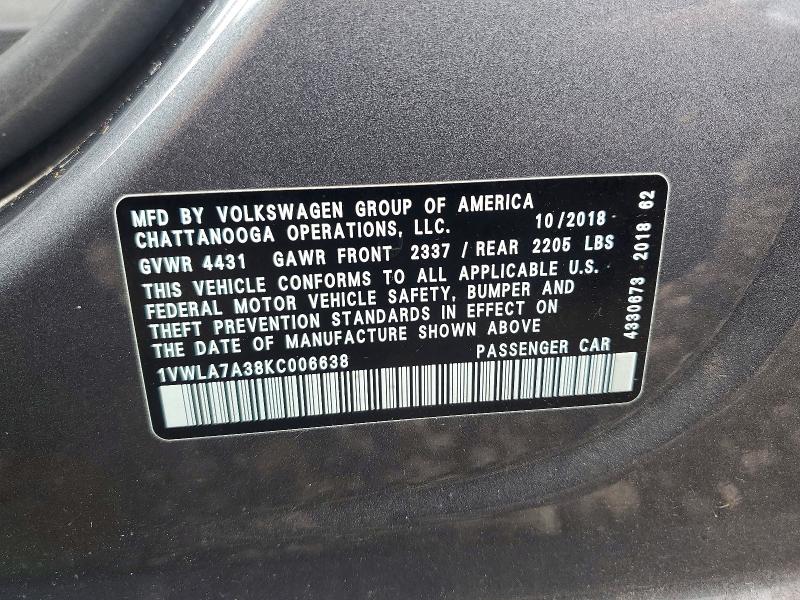 Aukcja sprzedaży 2019 Volkswagen Passat, vin: 1VWLA7A38KC006638, numer aukcji: 51261406