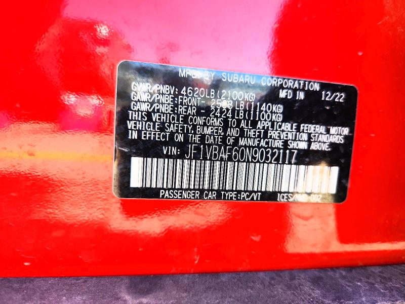 2022 Subaru Wrx მანქანა იყიდება აუქციონზე, vin: JF1VBAF60N9032117, აუქციონის ნომერი: 52675386