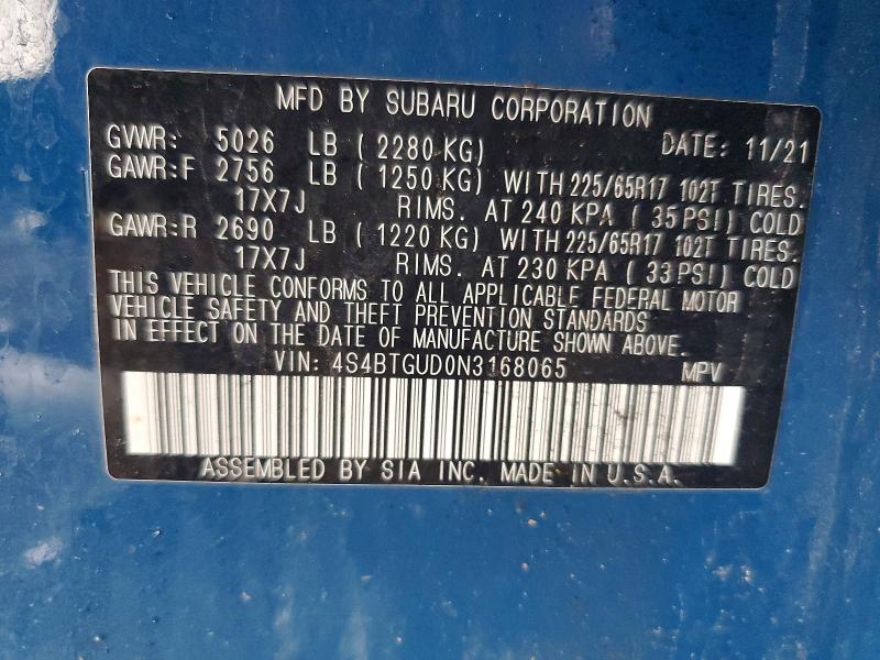 Продажа на аукционе авто 2022 Subaru Outback, vin: 4S4BTGUD0N3168065, номер лота: 55103316