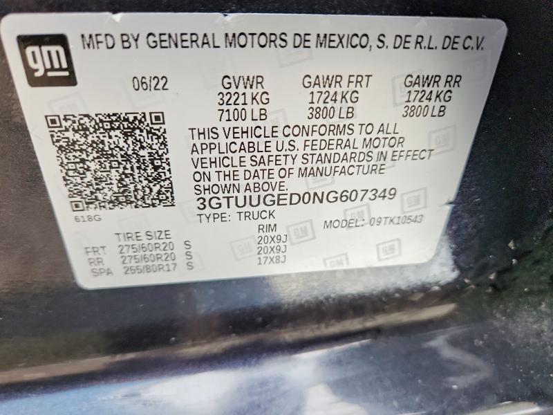 2022 Gmc Sierra მანქანა იყიდება აუქციონზე, vin: 3GTUUGED0NG607349, აუქციონის ნომერი: 55167026