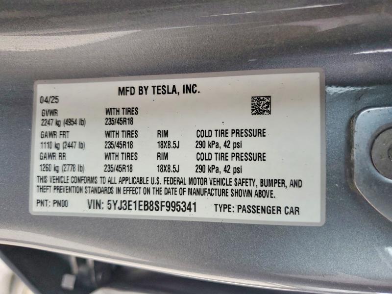 Aukcja sprzedaży 2025 Tesla Model 3, vin: 5YJ3E1EB8SF995341, numer aukcji: 53934916
