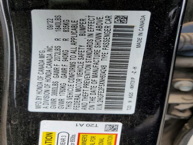 Aukcja sprzedaży 2022 Honda Civic, vin: 2HGFE2F5XNH604248, numer aukcji: 55111076