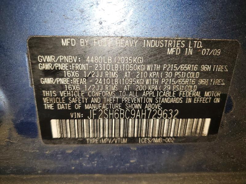 2010 Subaru Forester მანქანა იყიდება აუქციონზე, vin: JF2SH6BC9AH729632, აუქციონის ნომერი: 52310696