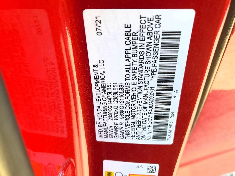 Aukcja sprzedaży 2021 Honda Accord, vin: 1HGCV1F40MA090301, numer aukcji: 52425806