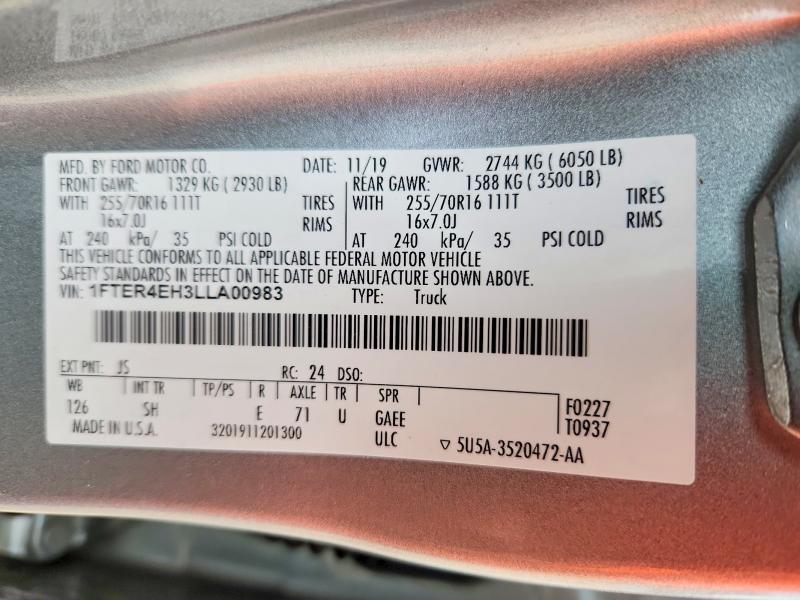 Aukcja sprzedaży 2020 Ford Ranger, vin: 1FTER4EH3LLA00983, numer aukcji: 53224866