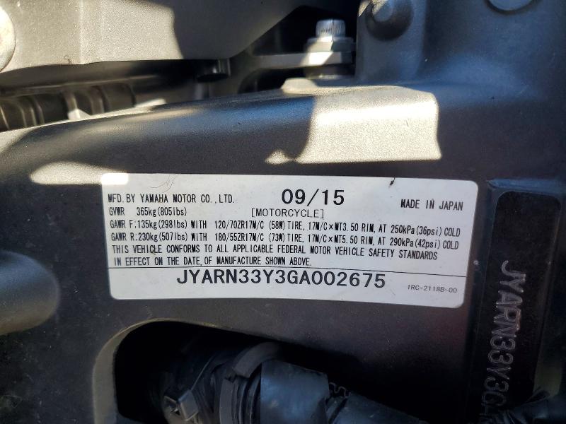 Продаж на аукціоні авто 2016 Yamaha Fz09, vin: JYARN33Y3GA002675, номер лоту: 53255686