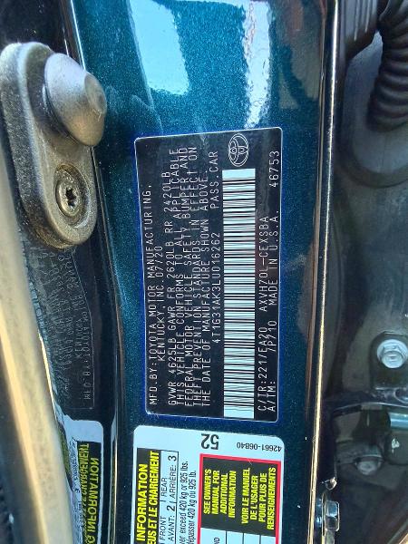 55844456 :رقم المزاد ، 4T1G31AK3LU016262 vin ، 2020 Toyota Camry Hybrid مزاد بيع