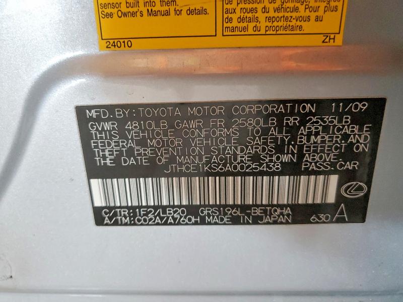 54674286 :رقم المزاد ، JTHCE1KS6A0025438 vin ، 2010 Lexus Gs مزاد بيع