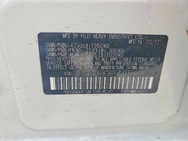 Aukcja sprzedaży 2012 Subaru Impreza, vin: JF1GPAD68CH204815, numer aukcji: 54845476