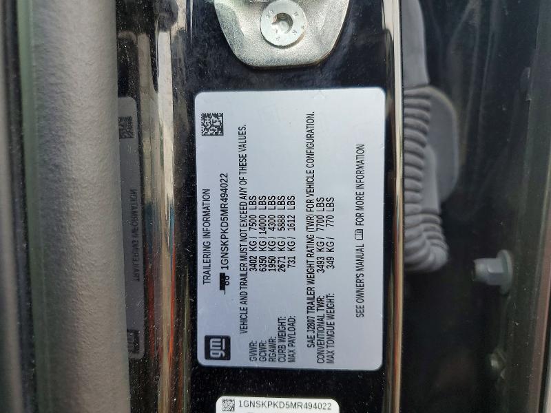 Aukcja sprzedaży 2021 Chevrolet Tahoe, vin: 1GNSKPKD5MR494022, numer aukcji: 52923436