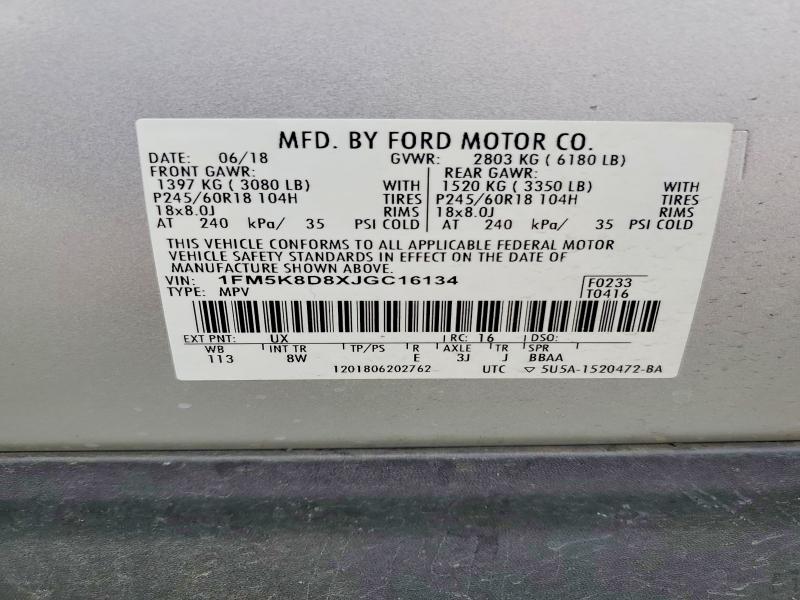 52237416 :رقم المزاد ، 1FM5K8D8XJGC16134 vin ، 2018 Ford Explorer مزاد بيع