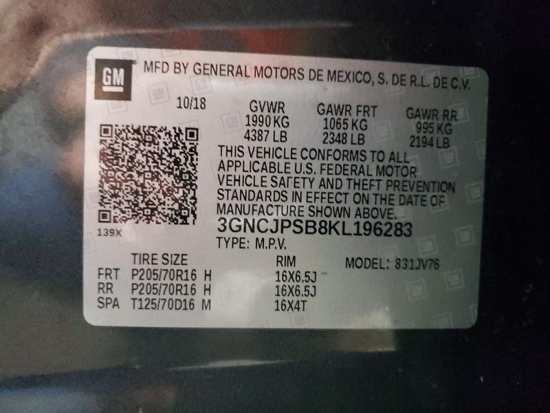 Aukcja sprzedaży 2019 Chevrolet Trax, vin: 3GNCJPSB8KL196283, numer aukcji: 52508356