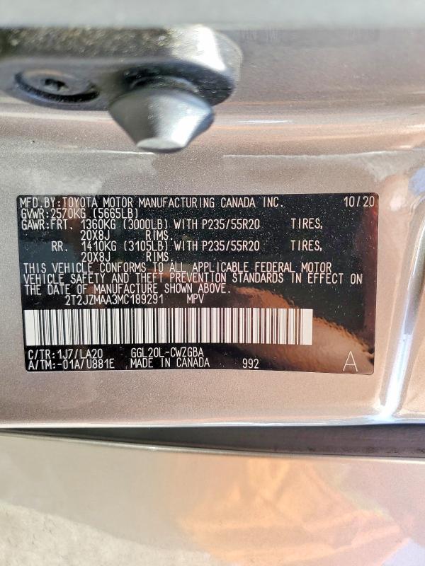 54143246 :رقم المزاد ، 2T2JZMAA3MC189291 vin ، 2021 Lexus Rx مزاد بيع