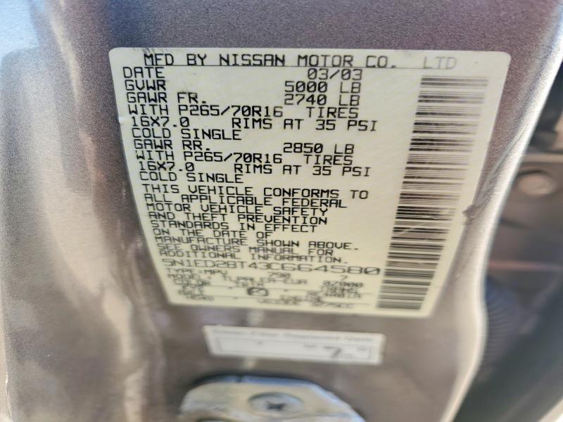 2003 Nissan Xterra მანქანა იყიდება აუქციონზე, vin: 5N1ED28T43C664580, აუქციონის ნომერი: 52206956