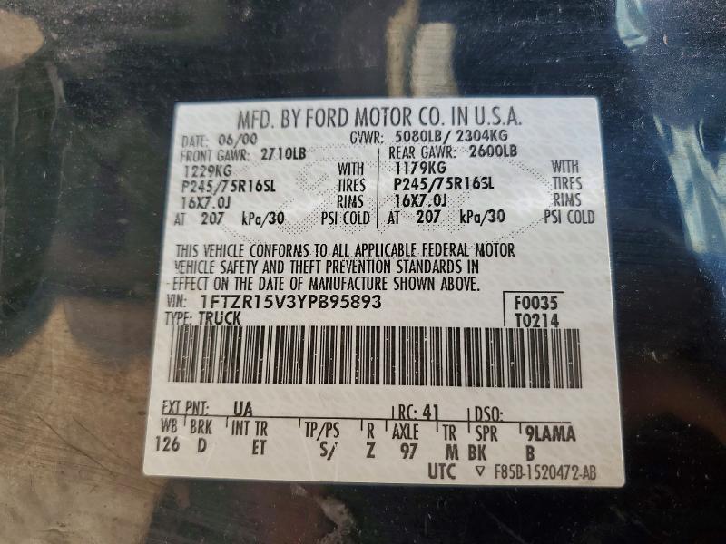2000 Ford Ranger მანქანა იყიდება აუქციონზე, vin: 1FTZR15V3YPB95893, აუქციონის ნომერი: 54062566