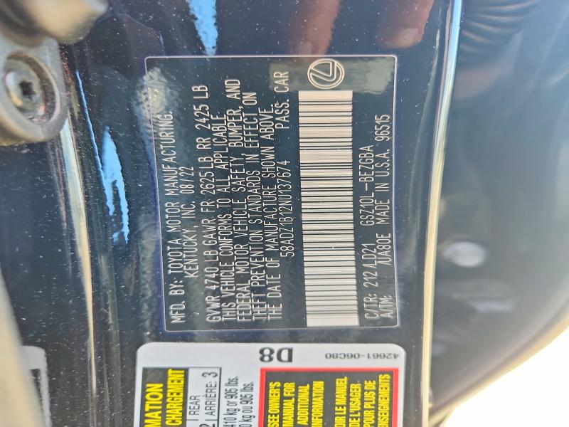 Aukcja sprzedaży 2022 Lexus Es 350, vin: 58ADZ1B12NU137674, numer aukcji: 52682706