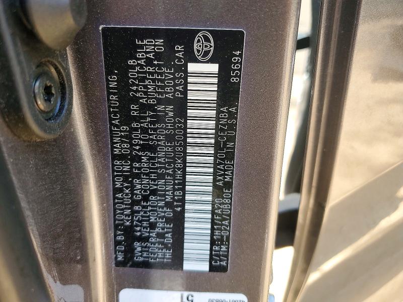 2019 Toyota Camry მანქანა იყიდება აუქციონზე, vin: 4T1B11HK8KU850032, აუქციონის ნომერი: 54211036