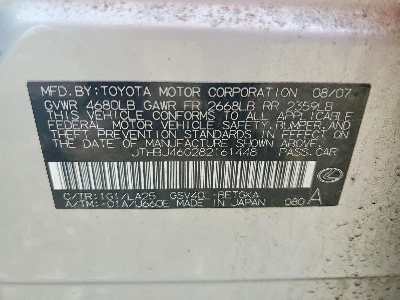 Продаж на аукціоні авто 2008 Lexus Es, vin: JTHBJ46G282161448, номер лоту: 54824476