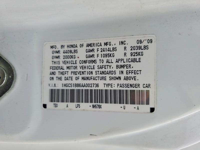 52915756 :رقم المزاد ، 1HGCS1B86AA002736 vin ، 2010 Honda Accord مزاد بيع