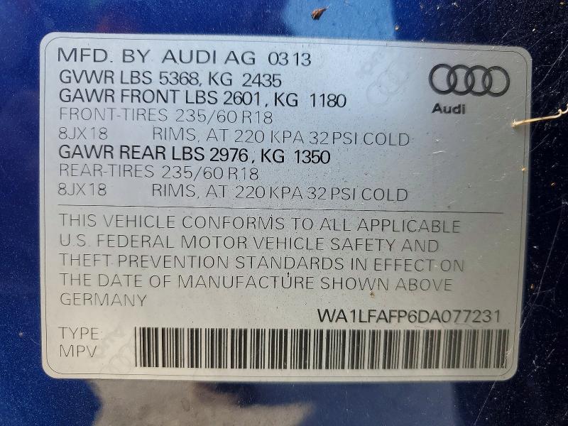 52553196 :رقم المزاد ، WA1LFAFP6DA077231 vin ، 2013 Audi Q5 مزاد بيع