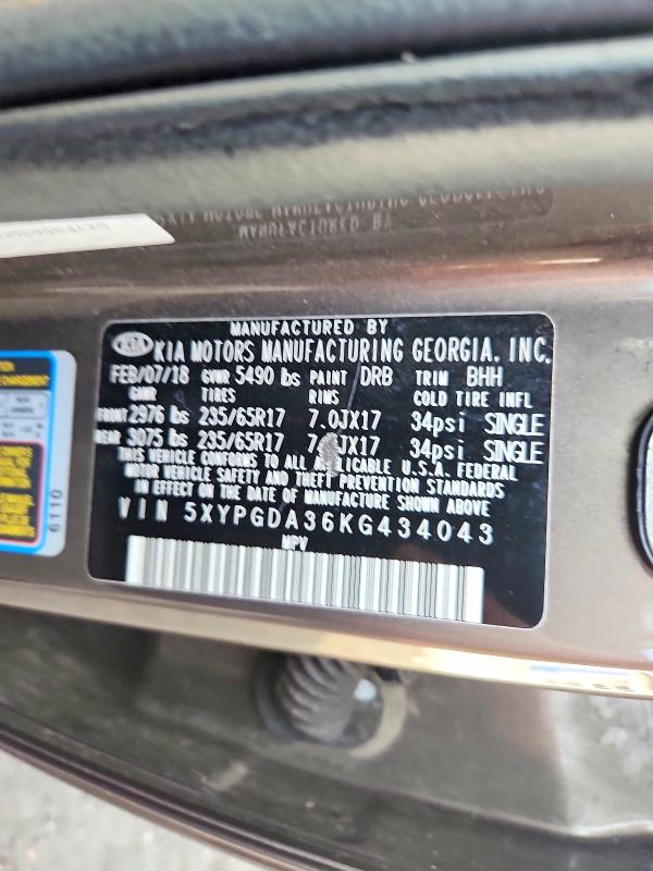 Auction sale of the 2019 Kia Sorento, vin: 5XYPGDA36KG434043, lot number: 53762146