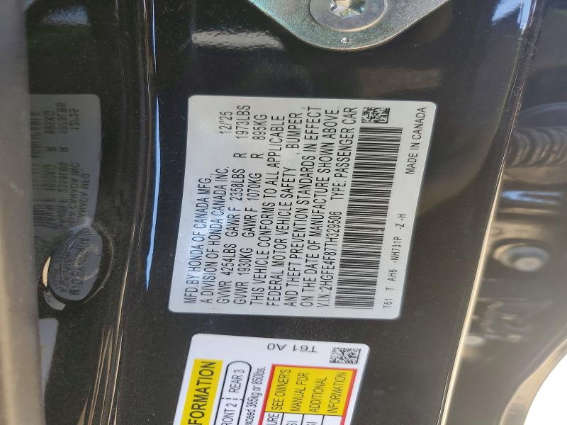 Продажа на аукционе авто 2026 Honda Civic, vin: 2HGFE4F87TH329506, номер лота: 53757526