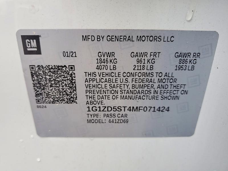Продаж на аукціоні авто 2021 Chevrolet Malibu, vin: 1G1ZD5ST4MF071424, номер лоту: 54662036