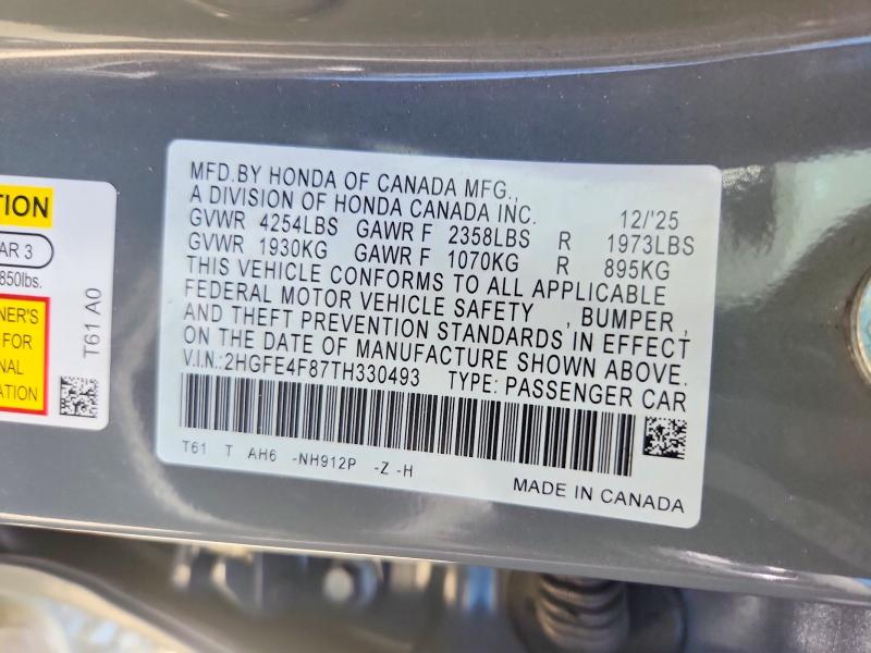 Продаж на аукціоні авто 2026 Honda Civic, vin: 2HGFE4F87TH330493, номер лоту: 53102866
