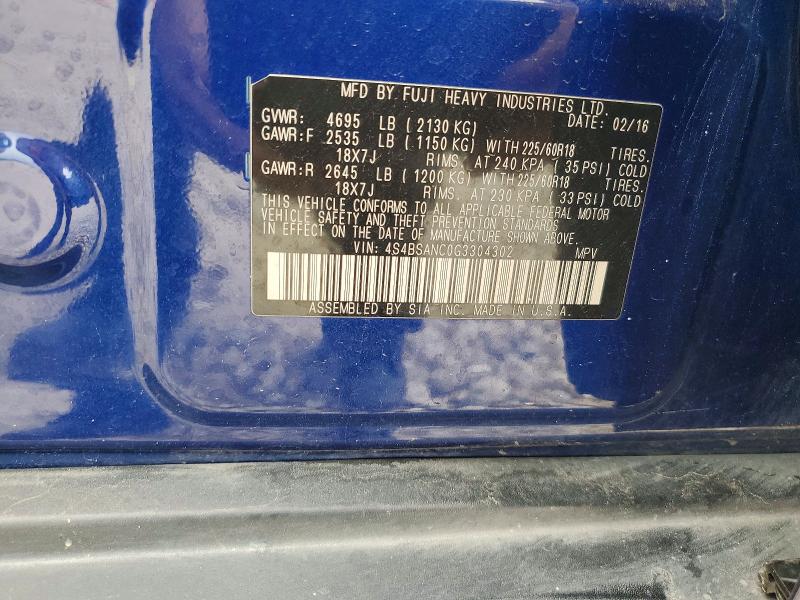 2016 Subaru Outback მანქანა იყიდება აუქციონზე, vin: 4S4BSANC0G3304302, აუქციონის ნომერი: 54884876