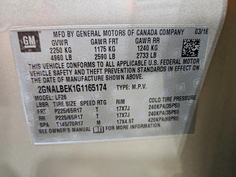 54896066 :رقم المزاد ، 2GNALBEK1G1165174 vin ، 2016 Chevrolet Equinox مزاد بيع