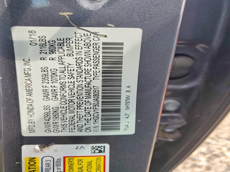 Aukcja sprzedaży 2018 Honda Accord, vin: 1HGCV1F50JA080517, numer aukcji: 53667986