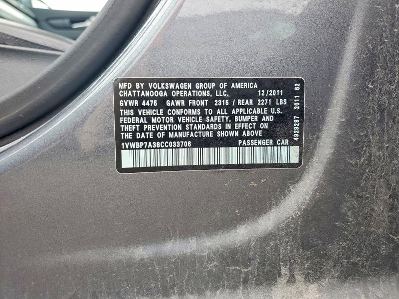 54606926 :رقم المزاد ، 1VWBP7A38CC033706 vin ، 2012 Volkswagen Passat مزاد بيع