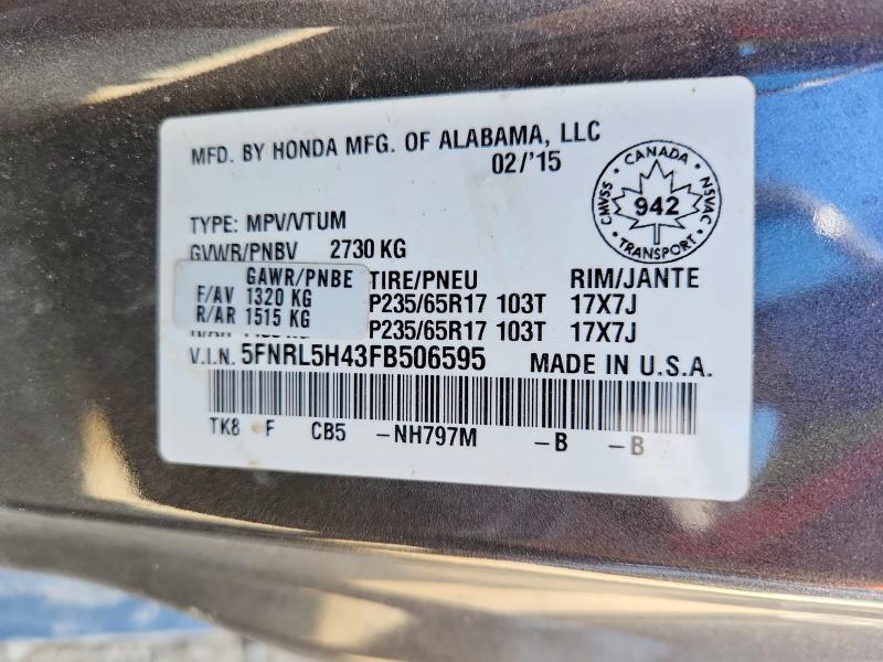 Продаж на аукціоні авто 2015 Honda Odyssey, vin: 5FNRL5H43FB506595, номер лоту: 52560086