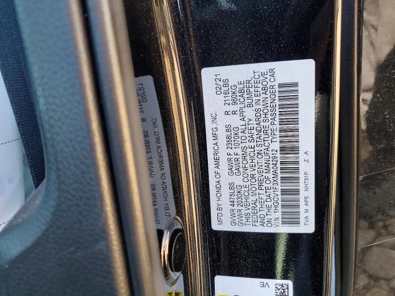 2021 Honda Accord მანქანა იყიდება აუქციონზე, vin: 1HGCV1F3XMA042912, აუქციონის ნომერი: 52057666