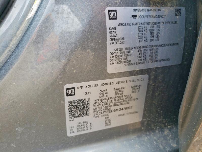 Продаж на аукціоні авто 2021 Chevrolet Silverado, vin: 3GCUYEED5MG476037, номер лоту: 53103426