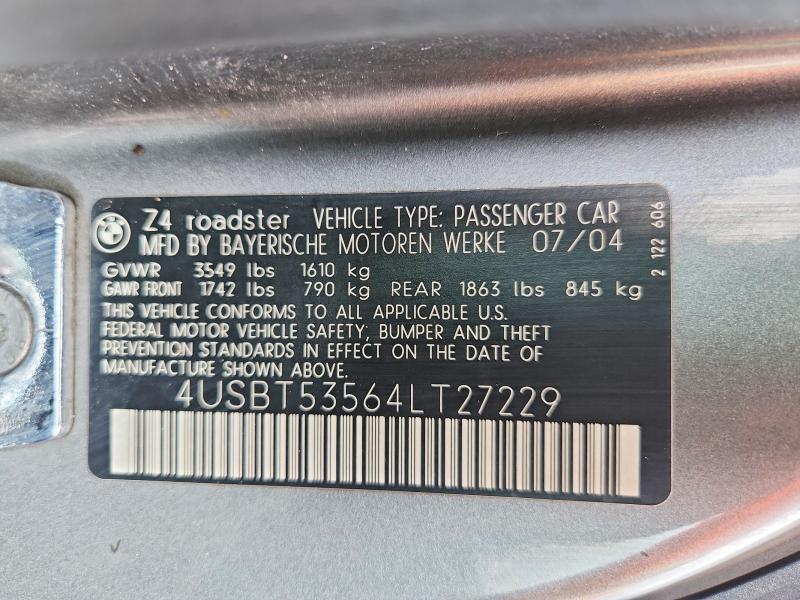54322996 :رقم المزاد ، 4USBT53564LT27229 vin ، 2004 Bmw Z4 مزاد بيع